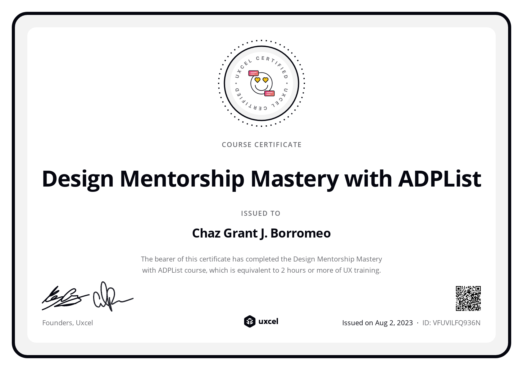 Chaz Grant J. Borromeo's certificate